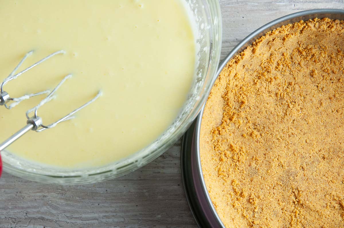 The limoncello cheesecake batter ready to be poured into a graham cracker crust