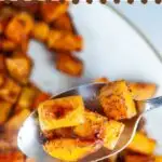 A photo of roasted spiced butternut squash with a text box reading savory spiced butternut squash recipe