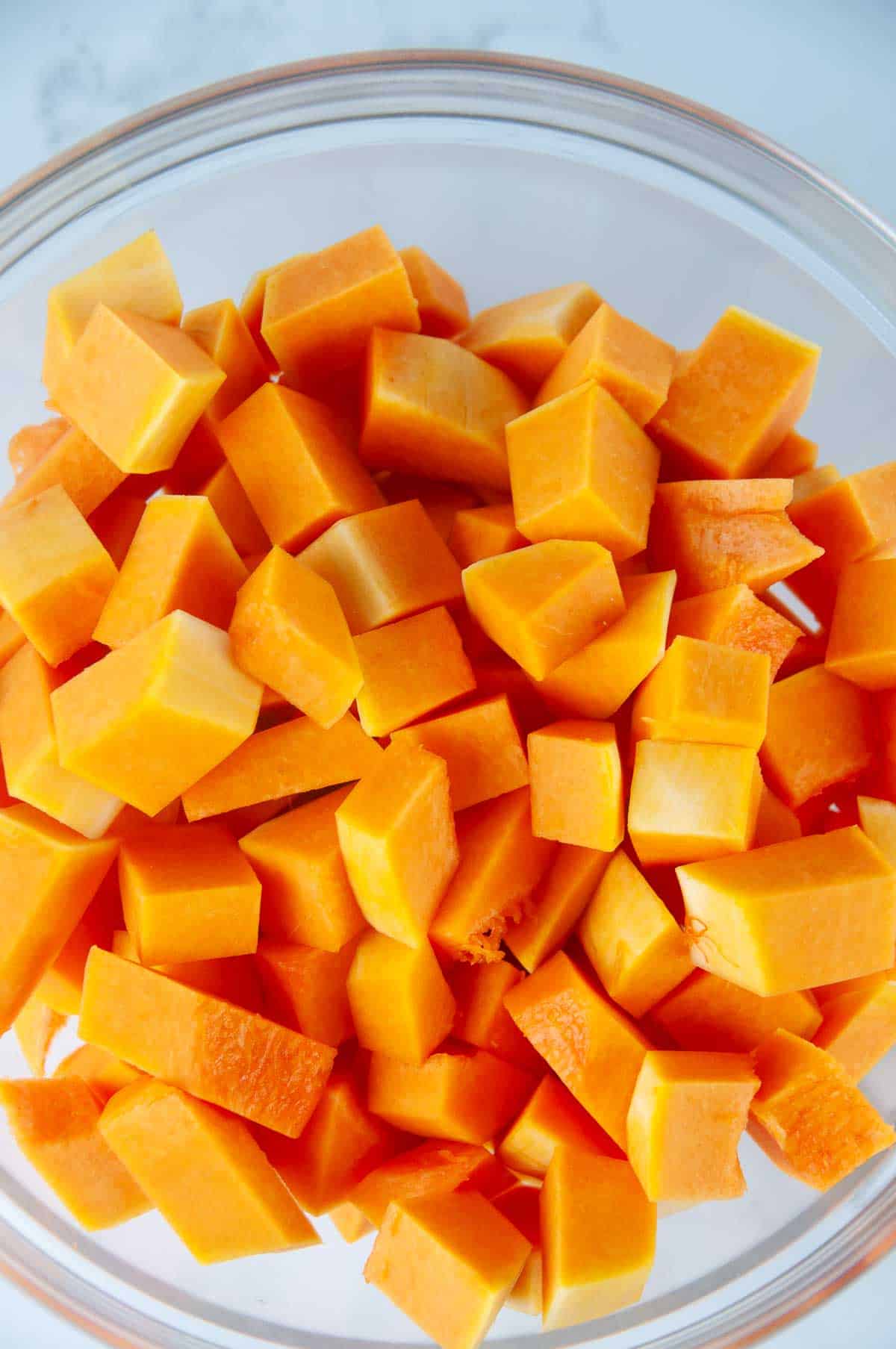 Cut the butternut squash into bite sized cubes.