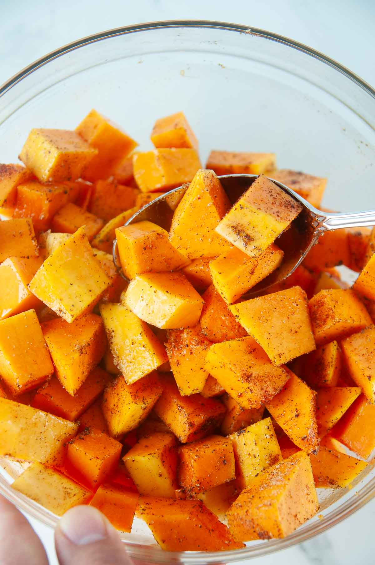 Toss the cut butternut squash with olive oil and seasoning.