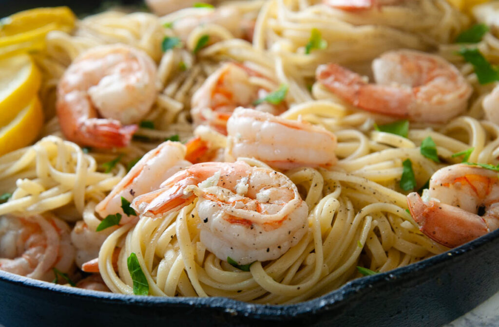 Easy Shrimp Scampi - add linguine, Parm cheese, and parsley to finish