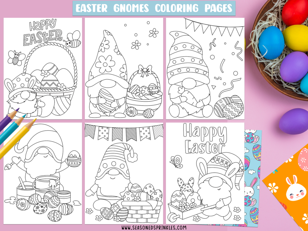 A collage of 6 Easter gnomes coloring pages set on a pink background.