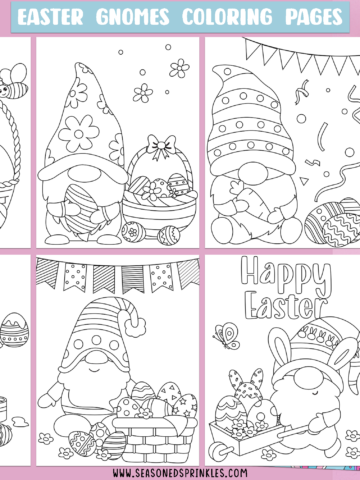 A collage of 6 Easter gnomes coloring pages set on a pink background.