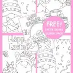 A collage of Easter gnomes coloring pages set on a pink background