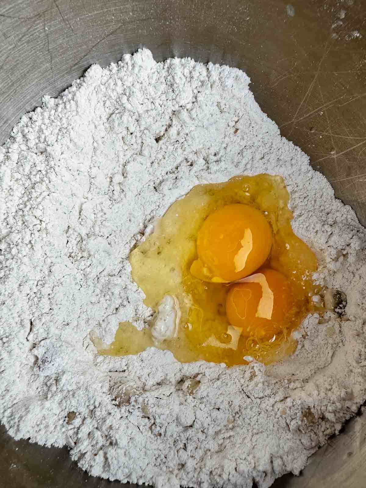 Add the eggs to the dry ingredients
