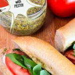 Easy Baguette Caprese Sandwich with Pesto set into a text box reading caprese baguettes with pesto