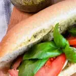 Easy Baguette Caprese Sandwich with Pesto set into a text box reading caprese baguettes with pesto