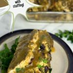 A photo of a stuffed chicken breast with stuffing and gravy set into a text box reading stuffed chicken breasts with stuffing